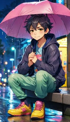 A man, wearing trendy clothes, sitting on a curb with his tail between his legs in a rainy street, totally wetting, hands both in pockets, hopeless and despair, bittersweet, night,rainy,in the rain,ra