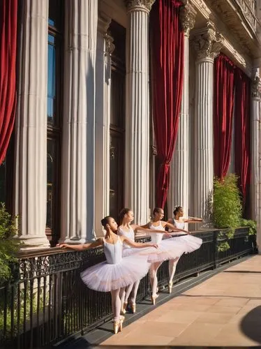 National Ballet building, London, UK, grand, elegant, ornate, Victorian-era inspired, red brick exterior, white marble columns, golden details, large glass windows, iron gates, lush greenery surroundi