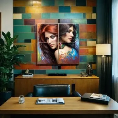 Im luxury Wohnzimmer an der weißen Wand e und auf dem Schreibtisch stehen neben dem Fernseher,modern decor,flat panel display,contemporary decor,projection screen,wall decor,wall decoration,interior d