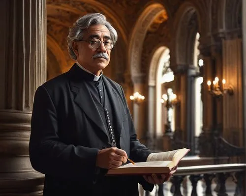 Famous quotes about architecture, old professor, bespectacled, grey hair, wrinkled face, holding a book, standing in front of a grand staircase, ornate ironwork, intricate carvings, gothic arches, hig