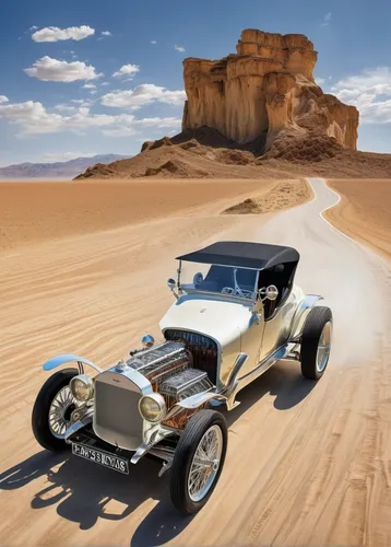 Imagine a thrilling race between a Model T-Ford and a modern sports car on a desert highway.,rolls-royce silver ghost,desert racing,ford model a,morgan lifecar,desert run,desert safari,willys-overland