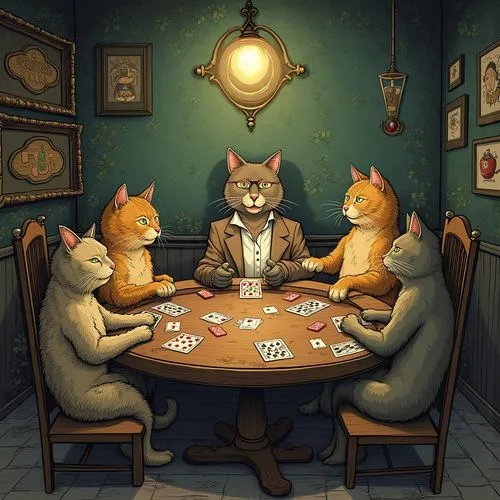 a table with four cats sitting at it with playing cards,poker,blacksad,card game,playing cards,dice poker,card games,Photography,General,Realistic