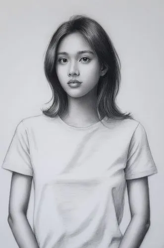 girl in t-shirt,girl drawing,girl on a white background,graphite,girl sitting,girl in a long,Illustration,Black and White,Black and White 35