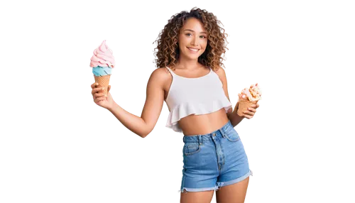 Free may image, solo, colorful festival atmosphere, beautiful detailed eyes, light blush, curly brown hair, smiling face, casual clothes, denim shorts, white tank top, sneakers, hands holding ice crea