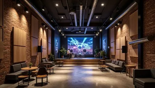 Industrial music venue, exposed brick walls, polished concrete floors, metallic pipes, minimalist lighting fixtures, reclaimed wood accents, brutalist architecture, functional furniture design, acoust