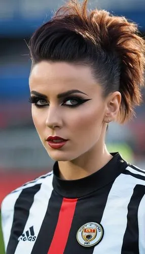 A stunning football girl in short raven-black disheveled hairdo as model with a stunning hot tricot some football make-up performing on a music video,raffaelli,albanian,lineswoman,kadic,daffney,sports