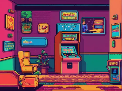 convenience store,apartment,pantry,game room,retro styled,an apartment,retro items,grocery,shopkeeper,neon coffee,livingroom,retro diner,kitchen shop,arcade,living room,soda shop,garage,ice cream shop,gas-station,gas station,Unique,Pixel,Pixel 04