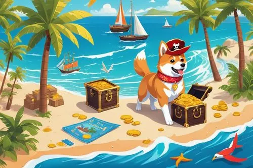 pirate treasure,treasure chest,travelocity,santa claus at beach,dogecoin,treasure hunt,cuba background,dog illustration,game illustration,doubloons,french digital background,holidaymaker,popeye village,summer icons,jolly roger,summer background,seaside country,mailboat,seaside resort,corgis,Unique,3D,Isometric