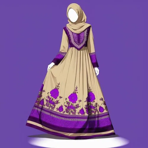 Digital drawing fashion for Muslim hijab with suede with 3D loose style very loose style with dark purple ,the woman is wearing a brown dress and has gold accents,tahiliani,dupatta,dress form,sabyasac