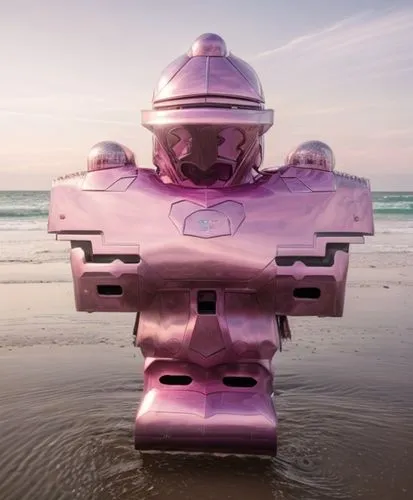 Photograph of the goo armor, pink chrome color,beach defence,beach toy,diving bell,aquanaut,coral guardian,buoyancy compensator,minibot,deep-submergence rescue vehicle,pink beach,water hydrant,submers