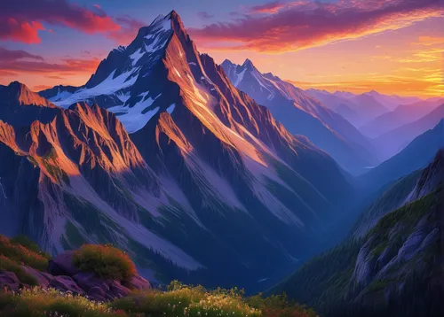 mountain sunrise,mountain landscape,mountainous landscape,mountain scene,mountains,alpine sunset,landscape mountains alps,mountain range,landscape background,mountain peak,giant mountains,mountain slope,the landscape of the mountains,autumn mountains,mountain valleys,mountainous landforms,mountain,mountain pasture,bernese alps,mountain plateau,Illustration,Retro,Retro 04