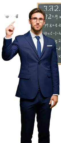 Muscular man, mathematician, solo, (30yo), short brown hair, glasses, beard, white shirt, black tie, dark blue suit, holding chalk, standing in front of a blackboard, complex math equations, 3/4 compo