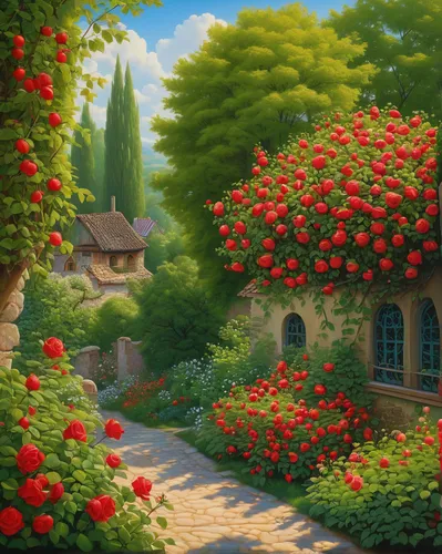 Describe a tranquil garden filled with blooming rose hip flowers.,landscape rose,home landscape,cottage garden,rose bush,way of the roses,splendor of flowers,rosebushes,rose apples,flower garden,roses