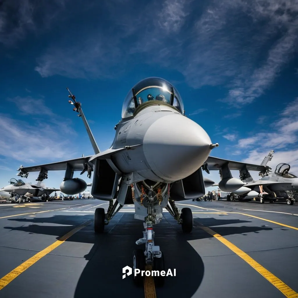 A bird´s eye long shot view of a typical scene on the deck of an U.S. Aircraft Carrier of 2024, besides a starting F/A-18 U.S. Navy Jet Fighter in mid-grey camouflage, a gorgeous female 24 years old b