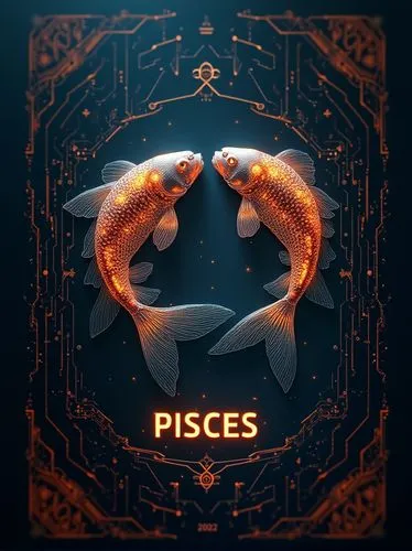 An exquisite and otherworldly zodiac card for Pisces, featuring two exquisitely detailed and realistic twin fish with a captivating metallic texture, illuminated by fiery orange highlights. The futuri