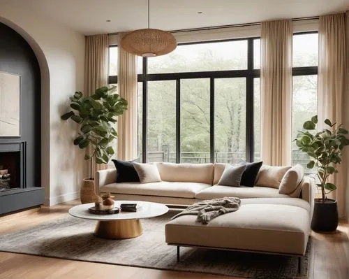 Luxurious interior design, modern fit, Scandinavian style, minimalist decor, sleek lines, wooden flooring, cream-colored walls, floor-to-ceiling windows, soft natural light, plush area rug, low-profil