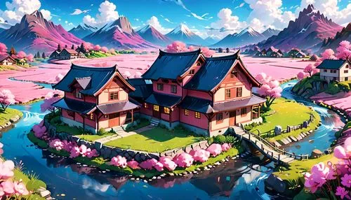 alpine village,fairy village,fantasy landscape,home landscape,mountain village,mountain settlement,landscape background,aurora village,skylands,fairy world,dreamhouse,butka,cartoon video game background,roof landscape,escher village,house in mountains,springtime background,fairyland,sylvania,knight village,Anime,Anime,Realistic