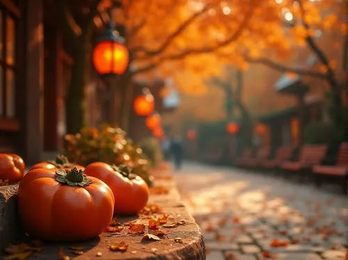 Warm persimmon color, cozy atmosphere, public space, autumn theme, vibrant orange hue, wooden benches, natural textures, stone pavement, fallen leaves, lanterns, warm lighting, 3/4 composition, shallo