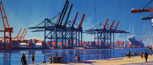 Describe the massive container cranes towering over the harbor, casting long shadows on the bustling waterfront.,harbor cranes,container cranes,port cranes,container port,container terminal,cranes,sea