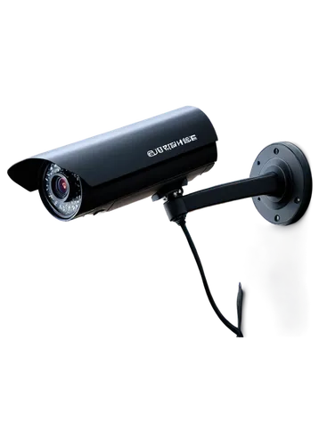 Security Camera, CCTV, surveillance, metal body, black coating, lens with night vision, LED lights, wall-mounted, wires connected, 3/4 composition, shallow depth of field, dark tone, cinematic lightin