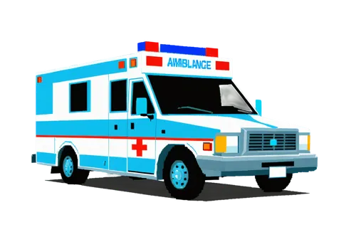 Blue ambulance, emergency vehicle, flashing lights, sirens blaring, reflective stripes, shiny metallic body, open doors, stretcher inside, medical equipment, paramedic uniform, rushing to scene, drama