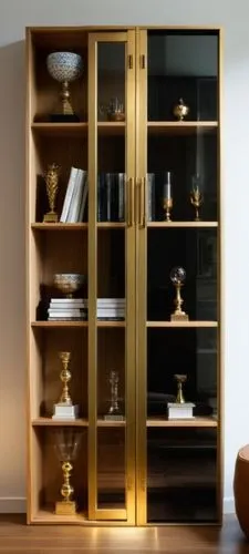 Symmetric 2 glass doors with thin black frames and handles, behind the glass  various awards (mix of gold, silver, and colorful ones),cupboard,minibar,highboard,armoire,storage cabinet,replica of tuta