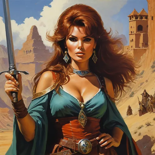 A young Raquel Welsh as an RPG mage,fantasy woman,swordswoman,heroic fantasy,female warrior,artemisia,warrior woman,sorceress,celtic queen,guards of the canyon,fantasy art,fantasy portrait,woman holdi