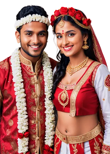 Bengali bride, Bengali groom, traditional wedding attire, red and white clothing, intricate embroidery, gold jewelry, vermilion mark on forehead, garland of flowers, happy smile, romantic gaze, warm l