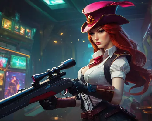 Miss Fortune, League of Legends, ADC, Marksman, Arcade,pirate,girl with gun,girl with a gun,transistor,nami,gunfighter,musketeer,elza,hip rose,kosmea,pirate treasure,game illustration,the hat-female,l