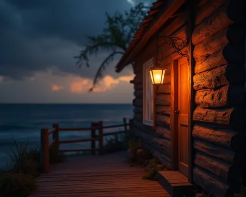 wooden hut,fisherman's hut,cottage,summer cottage,small cabin,night light,Photography,General,Realistic