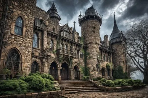 Ancient, majestic architecture, stone castle, Rockville, medieval style, grandiose entrance, heavy iron gates, towers, turrets, stone walls, moss-covered, ivy climbing, worn-out cobblestone pathway, l