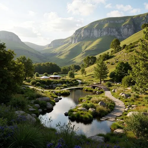 Harmonious landscape integration, rolling hills, lush greenery, serene water features, natural stone walkways, meandering paths, rustic wooden bridges, native plant species, vibrant wildflowers, sceni