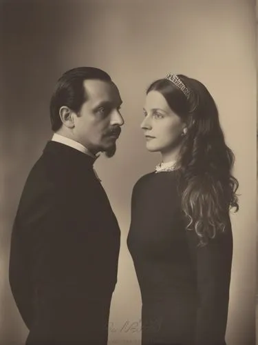 Official black and white photo double portrait of Their Majesties King Charles I and Queen Olga of Württemberg.,an old po shows two people in formal attire,ninotchka,bunuel,zahrtmann,billeaud,traviata