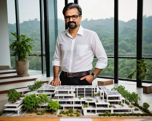 Middle-aged man, architectural designer, Chandigarh, India, glasses, short hair, trimmed beard, white shirt, black trousers, leather belt, holding blueprints, standing in front of a building model, mo