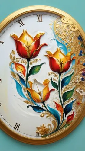 a gold and white wall clock with painted flowers,wall clock,clock face,cloisonne,new year clock,ornate pocket watch,valentine clock