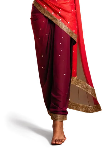 Indian woman, traditional red clothing, intricate henna designs, dark brown hair, bright red bindi, golden jewelry, flowing red saree, bare feet, standing, festive atmosphere, warm lighting, shallow d