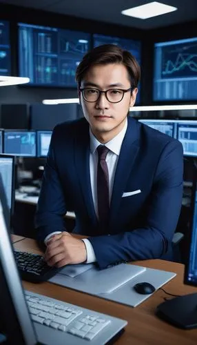 Cisco network service architecture, blueprint design, IT professional, male, 30s, serious facial expression, glasses, short brown hair, formal wear, white shirt, dark blue suit, sitting at desk, multi