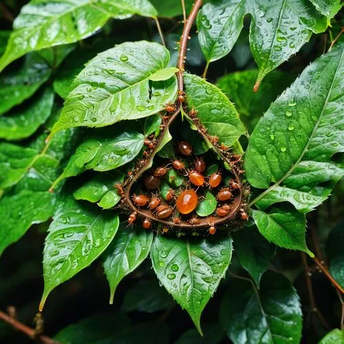 A close-up view of a minuscule house constructed by industrious leafcutter ants, nestled within the protective embrace of a lush, verdant leaf. The intricate architecture of the house, meticulously cr