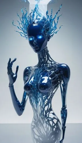 Polished shiny ((titanium colored)) reflective plating, a futuristic woman shiny highly polished ((titanium)) and blue trim on the outer hull, breaking the surface as it leaves the ocean and returns t