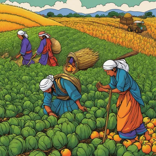 indian farmers harvest season illustrator,farm workers,picking vegetables in early spring,field cultivation,vegetables landscape,vegetable field,agriculture,farmworker,agricultural,farmers,harvest,agr