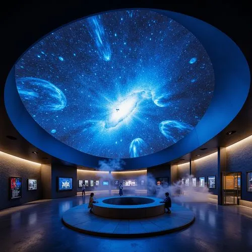 Cosmic planetarium, sleek modern architecture, curved dome structure, starry night sky projection, immersive 360-degree visuals, futuristic lighting systems, ambient glow, soft blue hues, dark space a