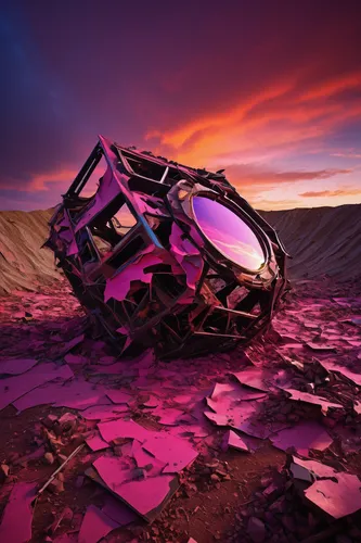 rhyolite,virtual landscape,purple landscape,wasteland,alien world,metal pile,metal rust,mars rover,futuristic landscape,molten metal,wreckage,alien planet,scrap metal,metallurgy,fallen colorful,scorched earth,capture desert,iron ore,badlands,the wreck of the car,Unique,3D,Modern Sculpture