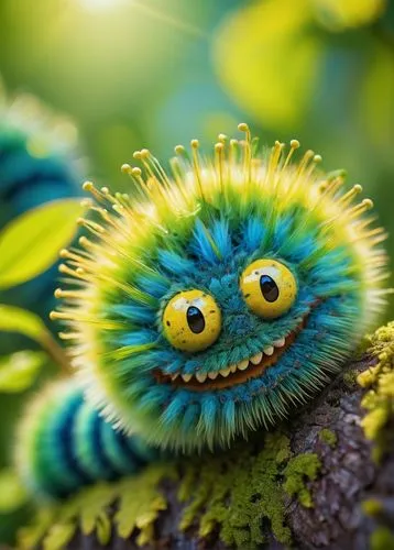 Trippy caterpillar, psychedelic colors, green body, yellow stripes, blue spots, fuzzy hair, big round eyes, smiling face, leaves background, sunny day, warm lighting, shallow depth of field, vibrant a