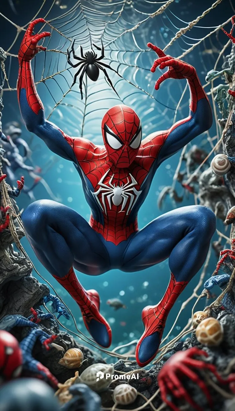 A colossal and awe-inspiring creature, entirely composed of millions of miniature Spiderman figures. The creature's form resembles a humanoid shape, with intricate details of tiny webs and spider legs