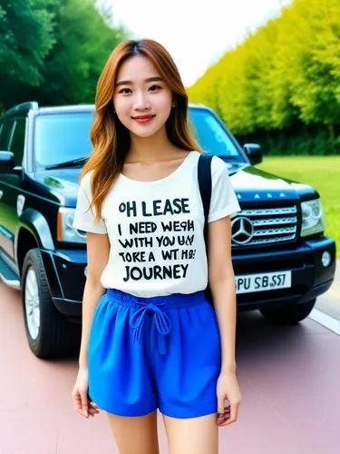 Oh please, I need you to take me with you on your great journey!,young asian lady posing for a picture in front of a car,geely,girl in t-shirt,esna,car rental,hyoty,moua