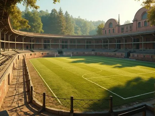 Rustic sports field, natural grass terrain, earthenware track lanes, stone-paved walkways, vintage metal goalposts, distressed wood benches, weathered steel fencing, earthy red brick buildings, arched