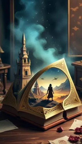 aliens advancement depicted in book based on pyramids,an open book showing a woman standing next to a castle,magic book,spellbook,book wallpaper,storybook,fantasy picture,discworld,storybooks,magic gr