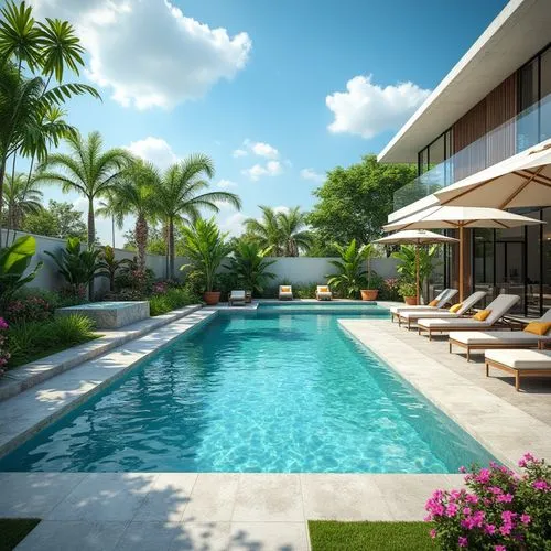 Chukum material pool, modern villa, backyard, sunny day, blue sky, few puffy clouds, lush greenery surroundings, tropical plants, palm trees, colorful flowers, water features, fountains, spa area, lou