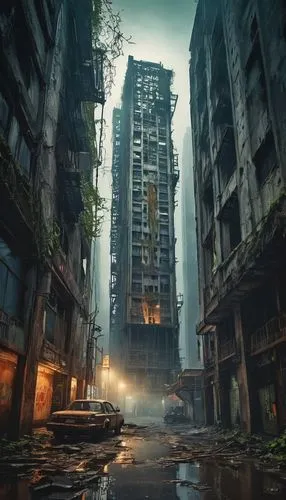 Abandoned, futuristic, brutalist skyscraper, eerie atmospheric mist, neon lights reflecting off wet pavement, intricate architectural details, rusty metal beams, crumbling concrete walls, shattered wi