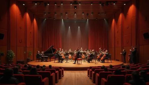 Intimate concert hall, wooden stage, velvet curtains, plush seating, soundproofed walls, acoustic panels, suspended ceilings, state-of-the-art speakers, precise sound calibration, warm lighting ambian